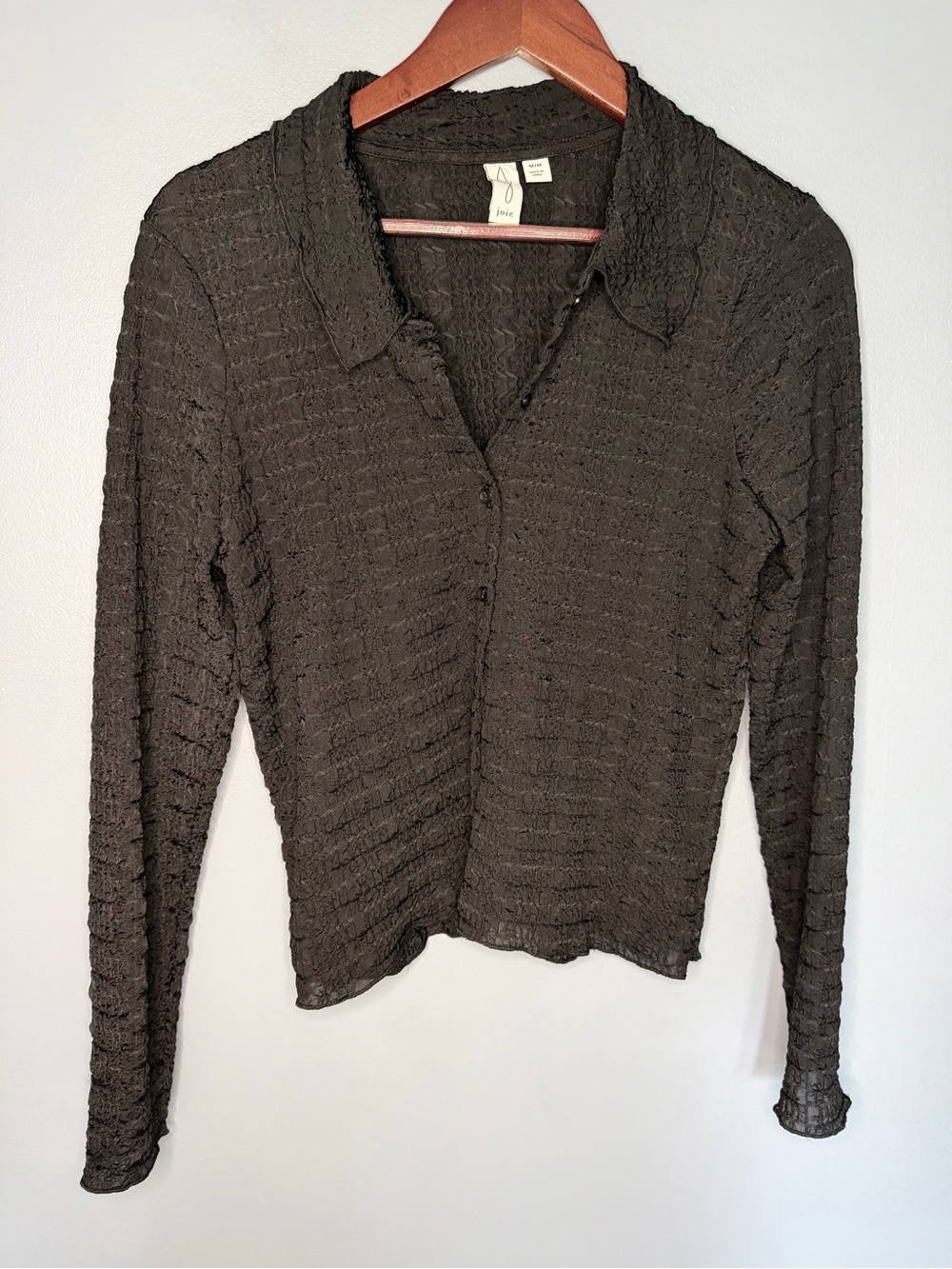 Joie Black Crinkle Collar Long Sleeve Button Front Top Size Medium